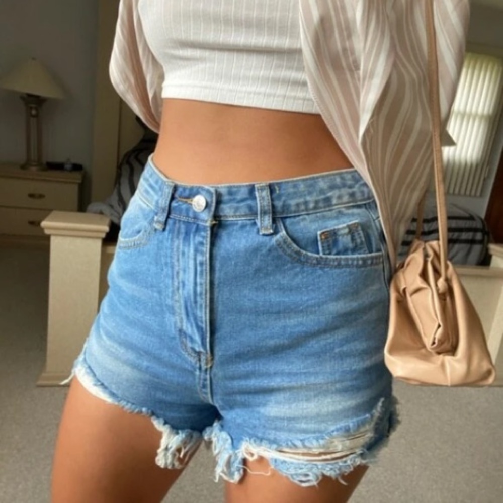 High-Rise Ripped Denim Shorts - Picture 2 of 5